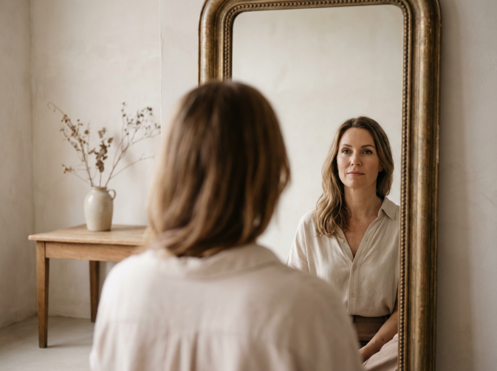 Person gazing into a mirror.