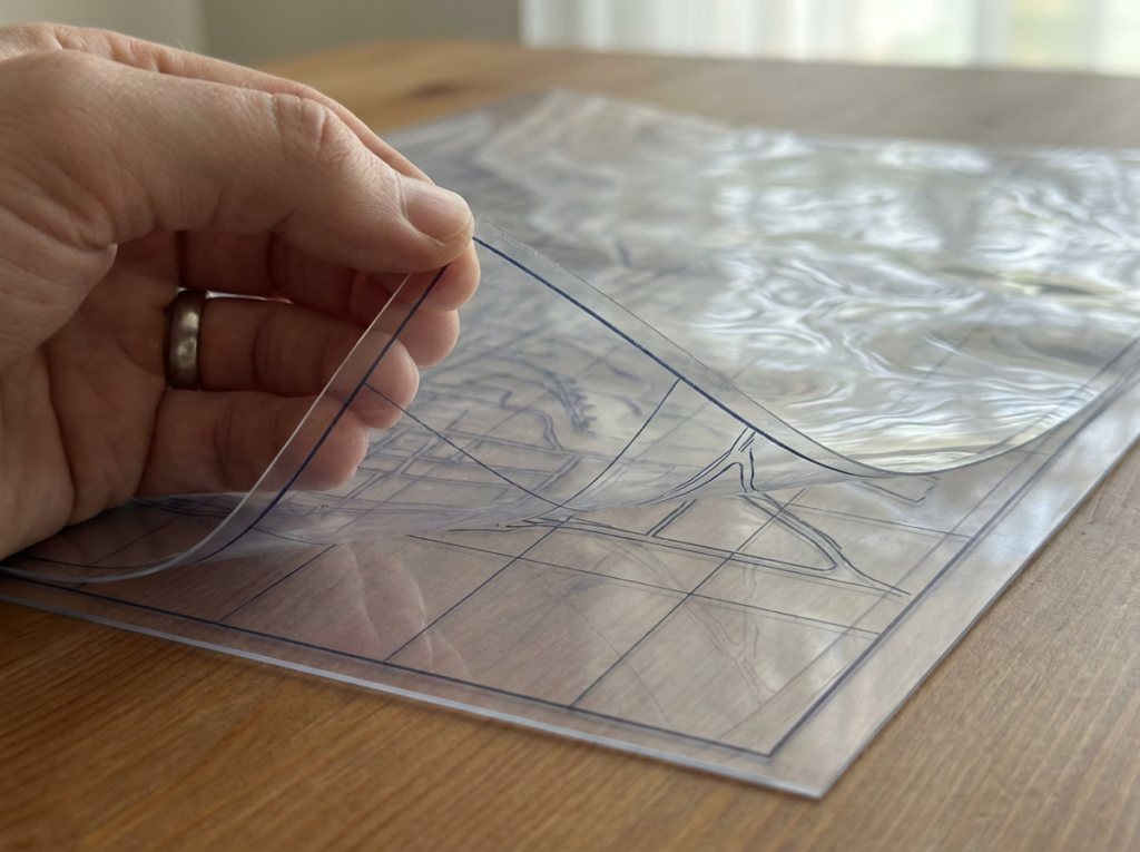 Hand lifting clear plastic sheet