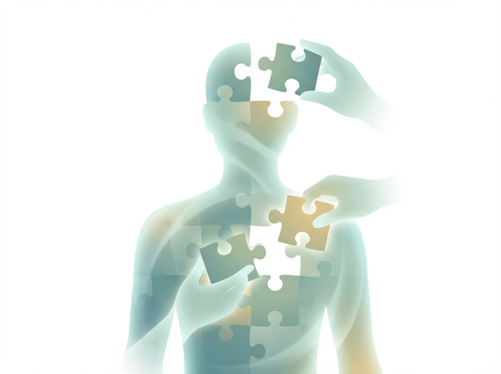 Puzzle pieces forming a human silhouette.