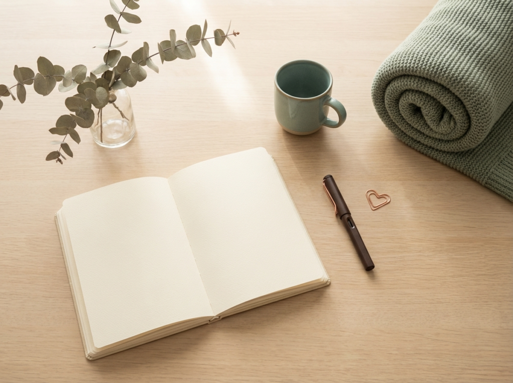 Cozy workspace with notebook and tea