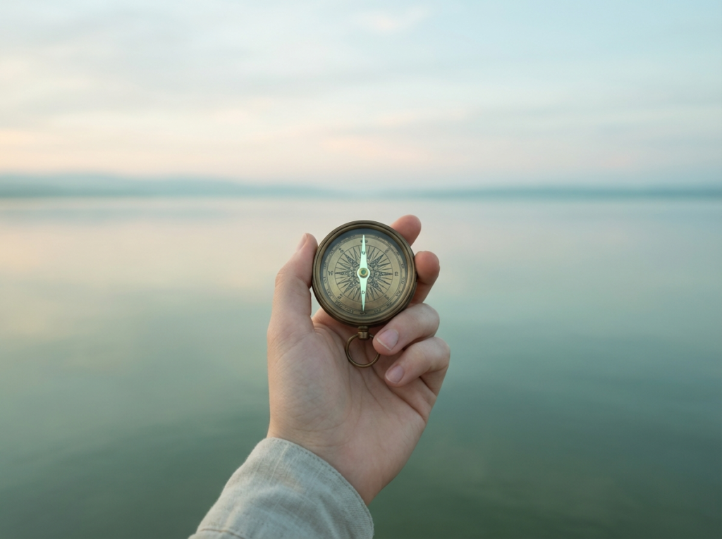 Hand holding compass by water