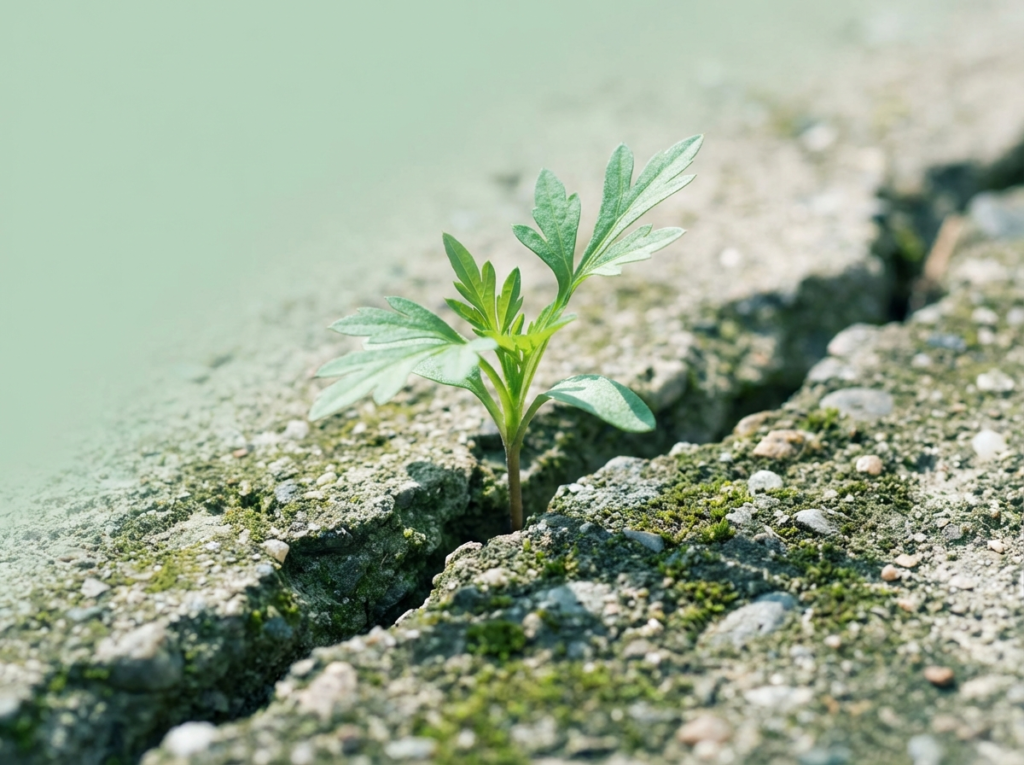 Plant growing through cracked pavement