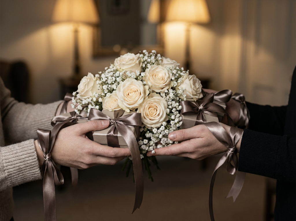 Two hands exchanging a flower bouquet