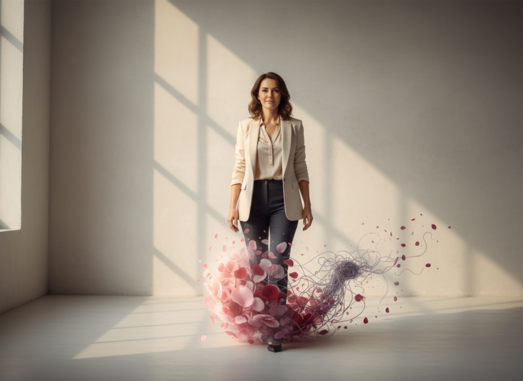 Woman walking with colorful abstract elements.
