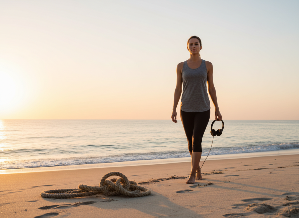A woman in athletic wear stands on a beach at sunset holding headphones, with tangled rope lying on the sand in front of her, symbolizing breaking free from constraints.