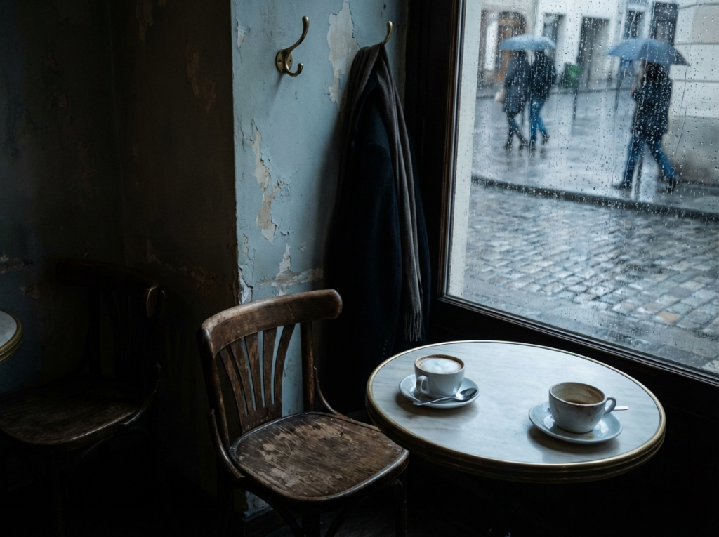 Cozy café scene with rainy window
