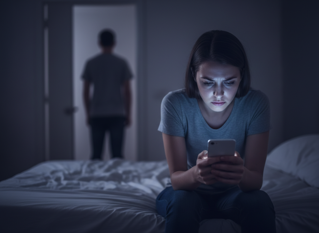 Person on phone in dim room.