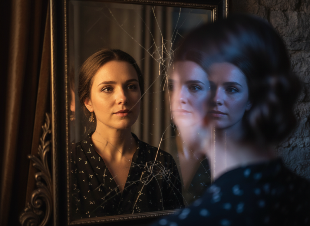 Woman gazing into a cracked mirror.