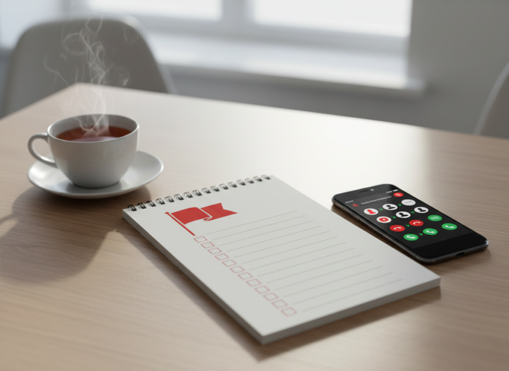 Notebook, phone, and cup of coffee.