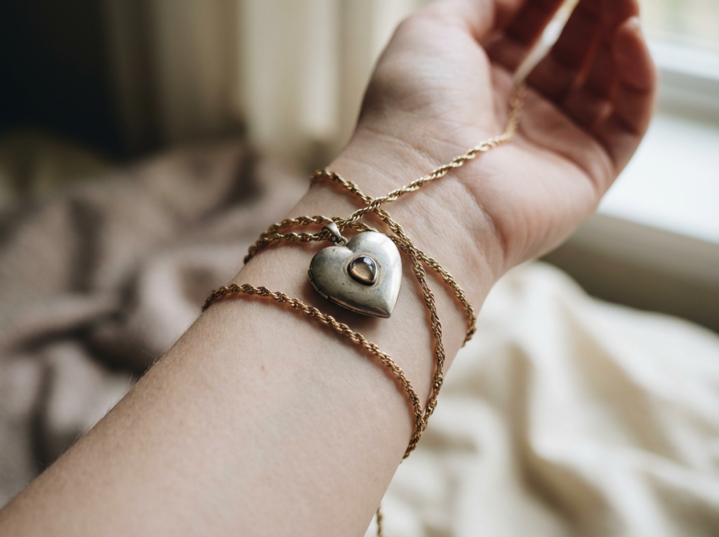 Hand wearing heart-shaped bracelet.