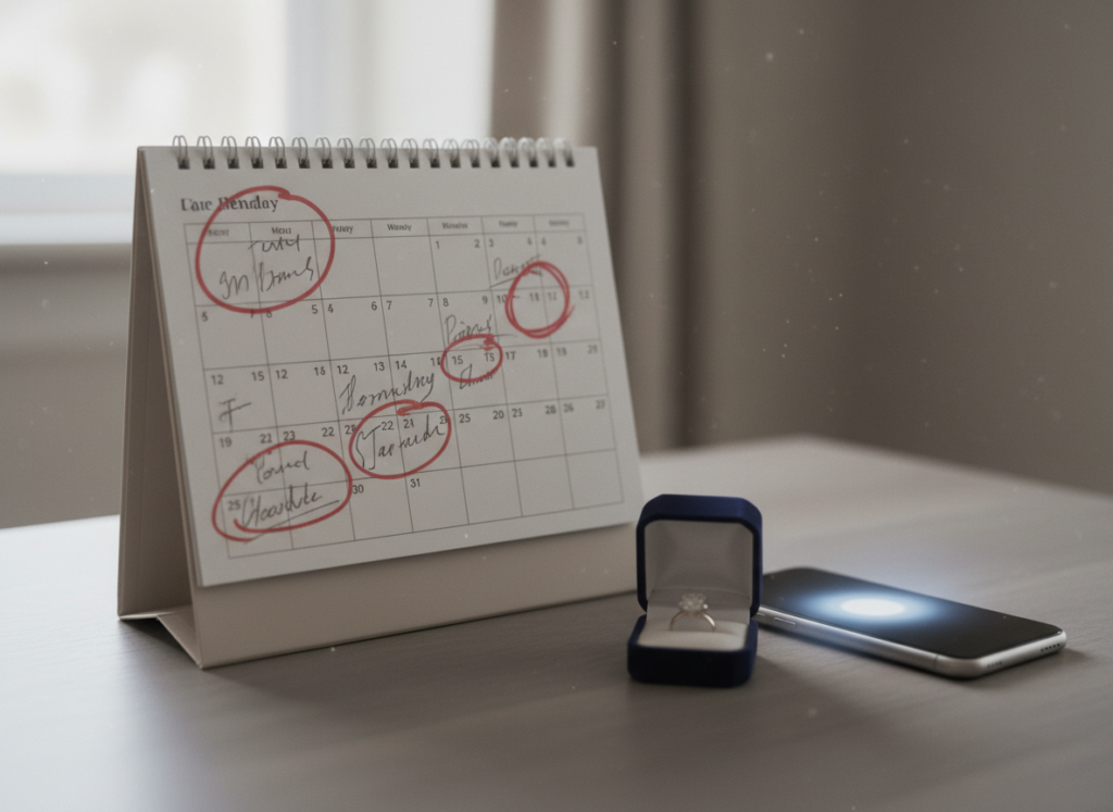 Calendar, ring box, smartphone on table