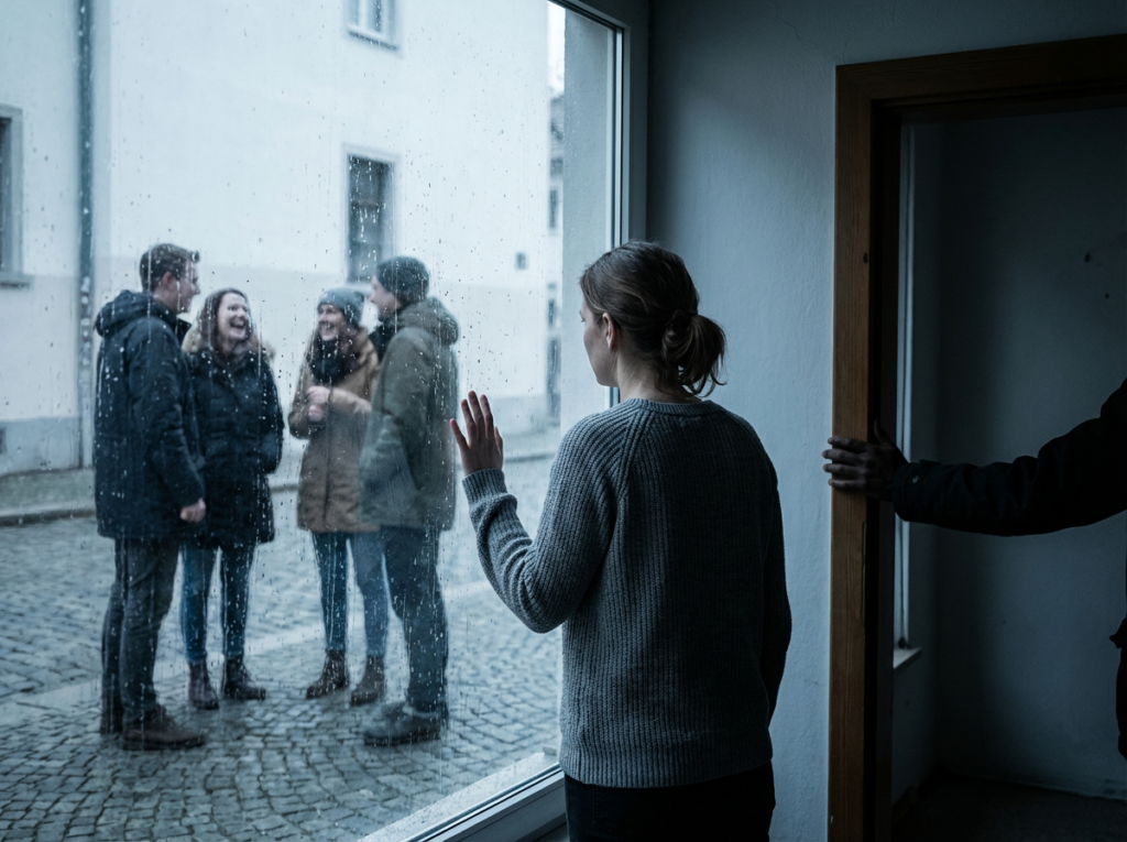 A woman stands inside by a rain-speckled window, looking out at a small group of people laughing together outside, while a shadowy figure’s hand grips the doorframe behind her.