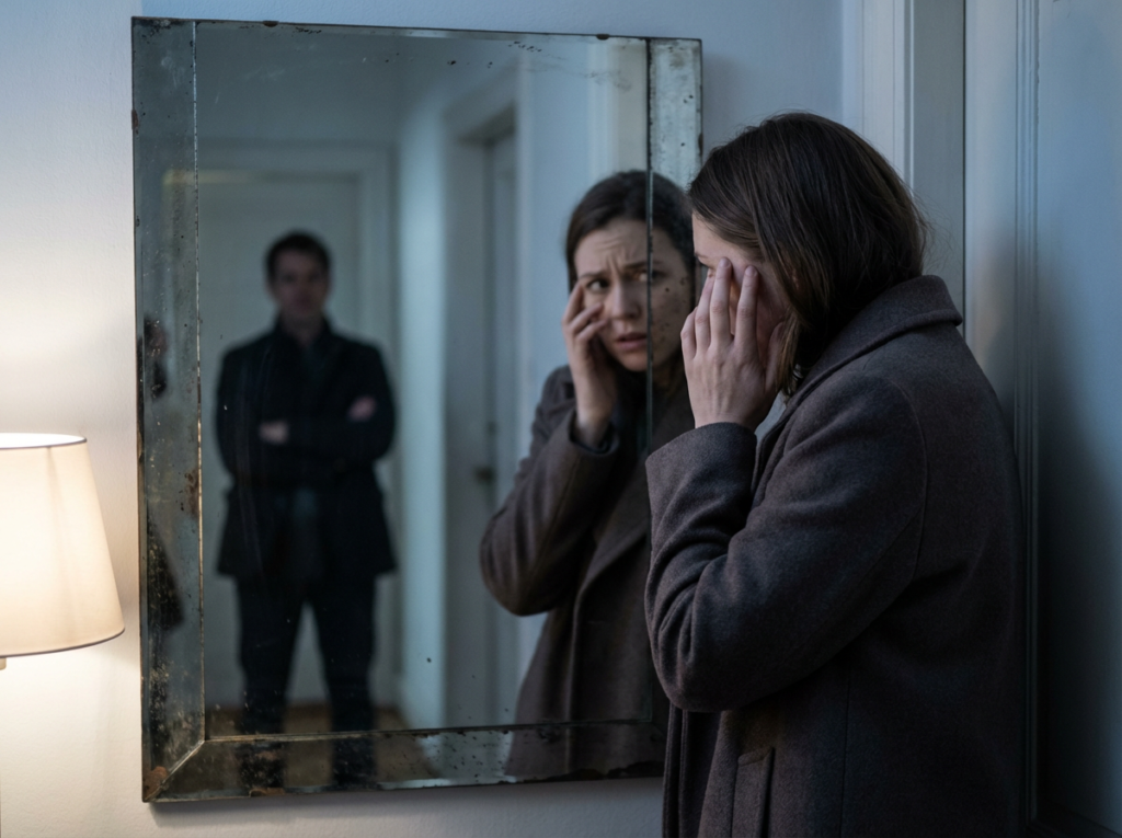 Woman questioning reality in mirror, symbolizing gaslighting by a narcissist