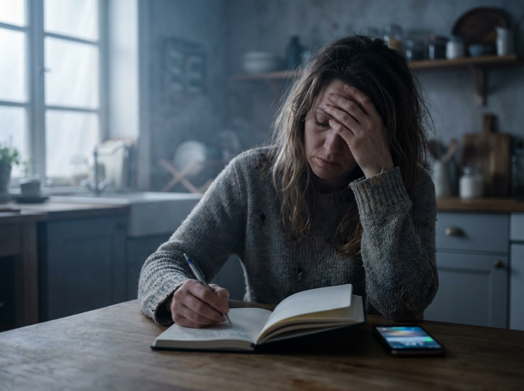 Woman journaling at night, emotionally drained from covert narcissist tactics.