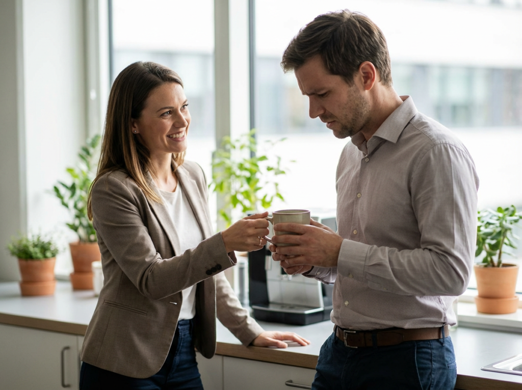 Tense office interaction showing passive-aggressive narcissist behavior.
