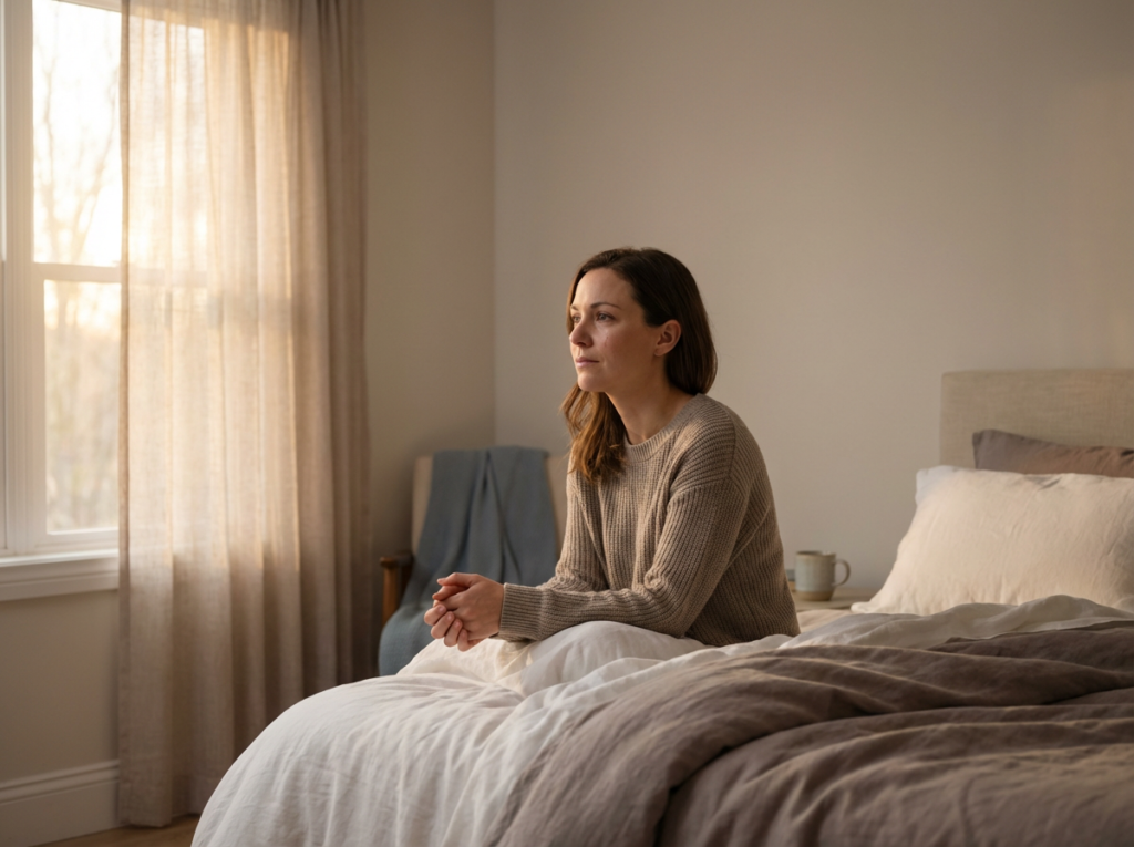 Woman sitting on bed at dawn, hands clasped, soft window light, calm expression—healing from narcissistic abuse and PTSD