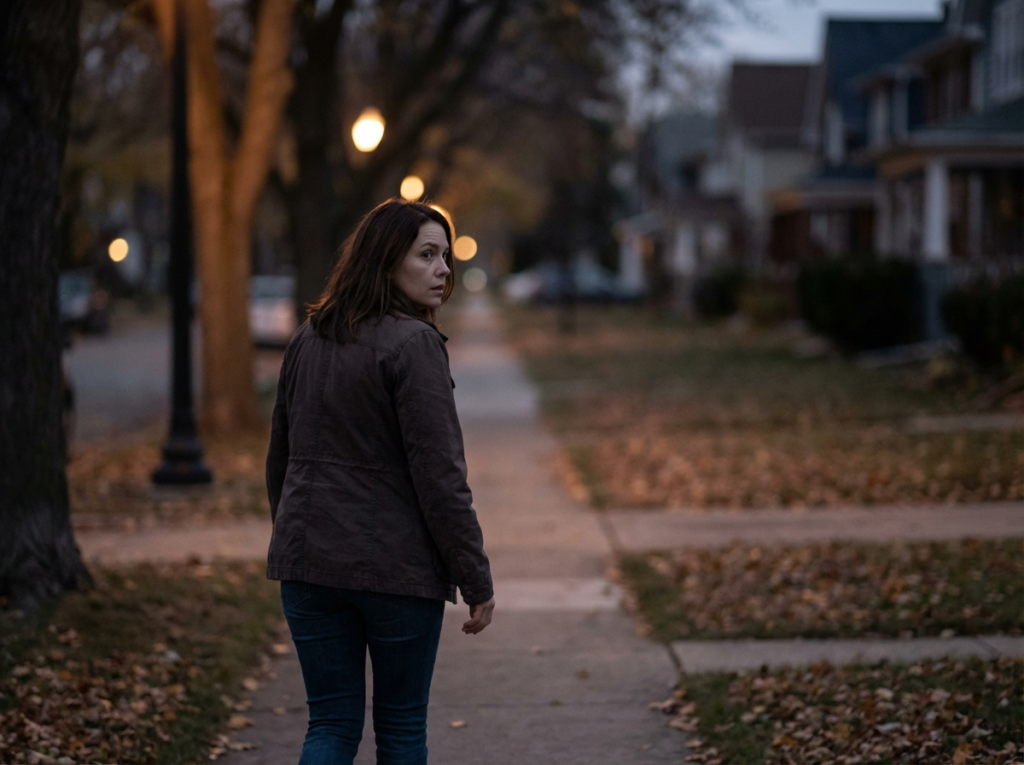 Woman walking alone at dusk, glancing over shoulder, tense posture—hypervigilance symptom of narcissistic abuse and PTSD