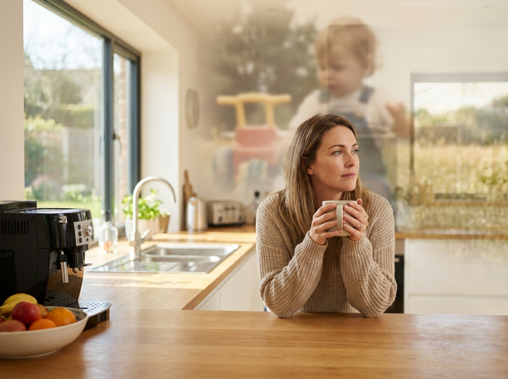 Woman in bright kitchen pausing with distant stare, intrusive memory flash—flashback symptom of narcissistic abuse trauma