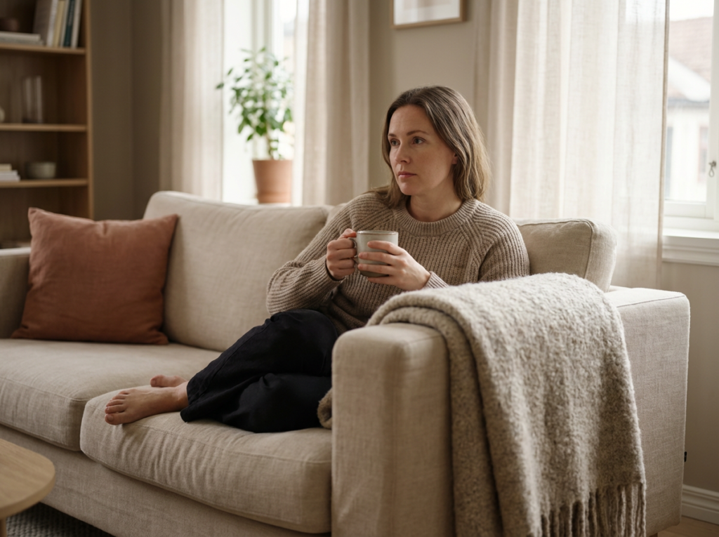 Woman on couch holding mug, neutral expression, emotional numbness after narcissistic abuse and PTSD