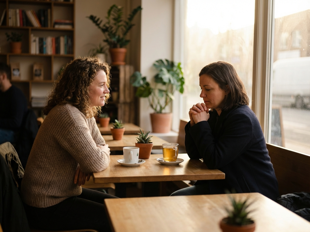 Two women meeting at cafe, one cautious but present, difficulty trusting after narcissistic abuse recovery