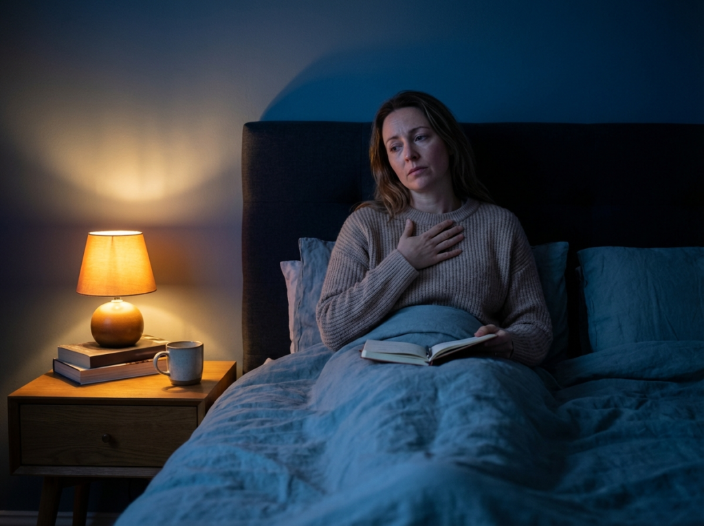 Woman in bed at night with book and notebook, insomnia and sleep difficulties from narcissistic abuse PTSD
