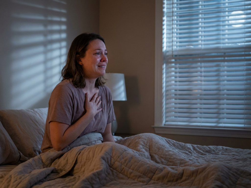 Woman waking up in bed at night, hand on chest, breathing after nightmare—PTSD symptom from narcissistic abuse