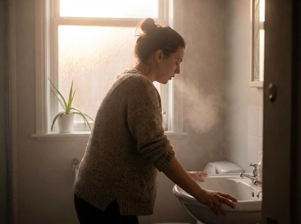 Woman in bathroom taking deep breath, stress hormone withdrawal after leaving narcissistic abuse