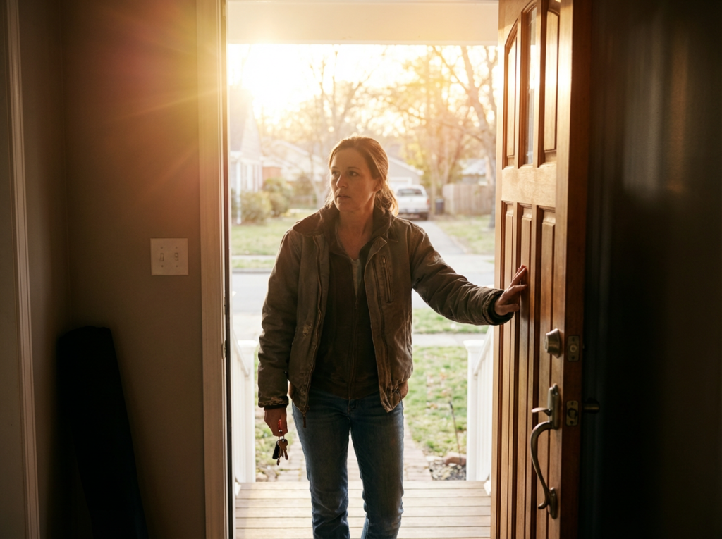 Woman opening front door to daylight, stepping outside with keys—overcoming learned helplessness after narcissistic abuse