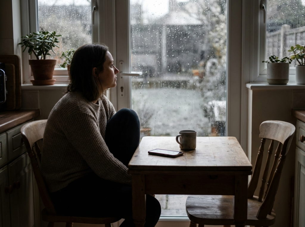 Woman at kitchen table looking out window, phone face-down, isolation due to shame after narcissistic abuse