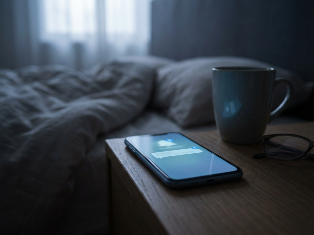 Smartphone glowing on a bedside table in a dark room, suggesting late-night messages after long silence.
