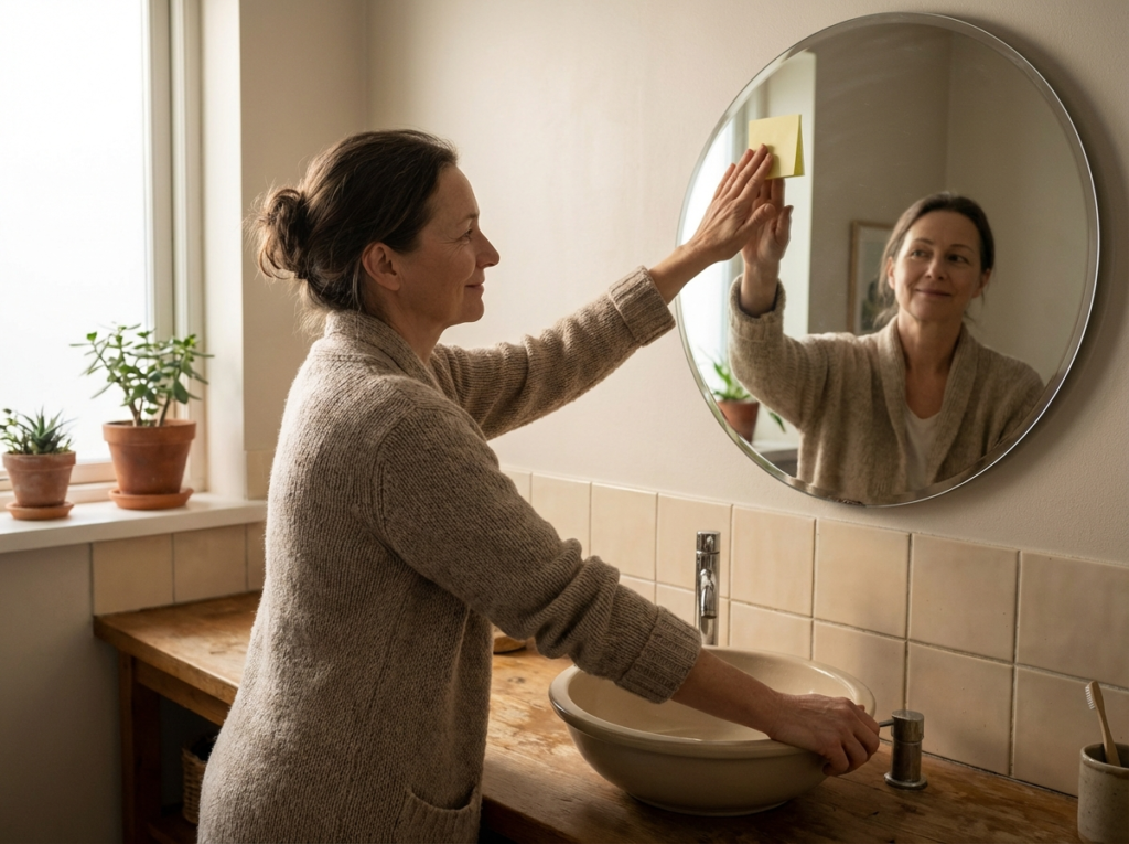 Woman placing a blank sticky note on a mirror, symbolizing self-validation and rebuilding self-worth