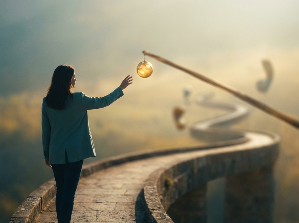 Woman reaching toward a golden prize held just out of reach on a long pole, symbolizing “almost loved” and moving goalposts.