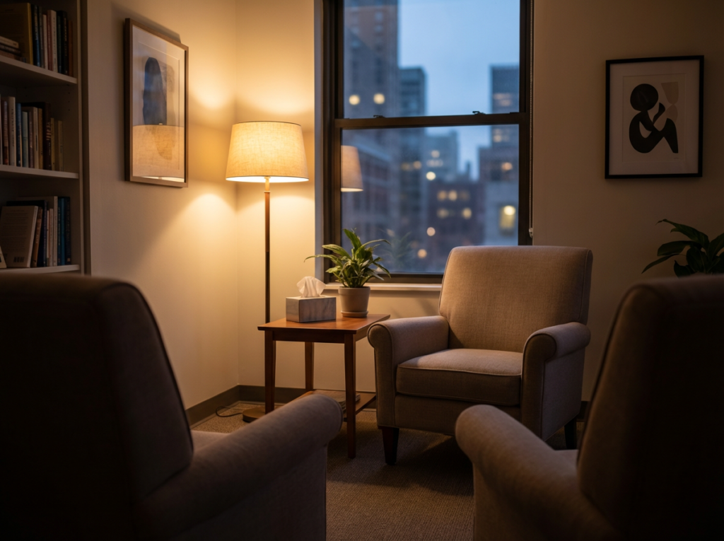 Warm, welcoming therapy office with two chairs and soft lighting, symbolizing professional support and safety.