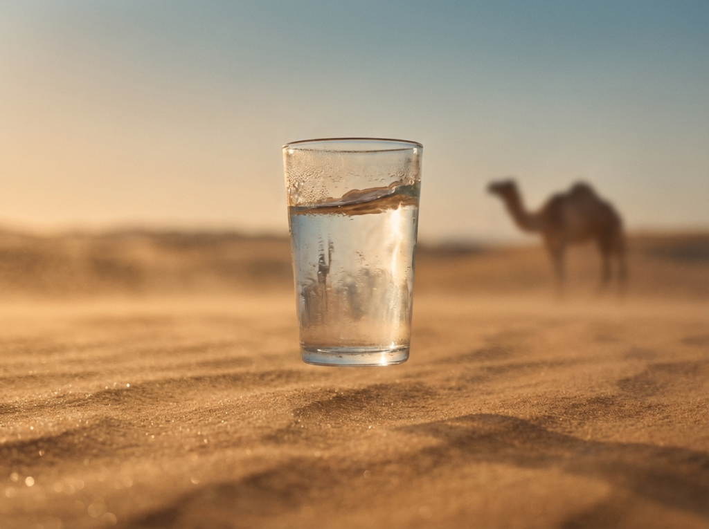Shimmering glass of water hovering above desert sand in heat haze, symbolizing validation that looks real but isn’t sustaining.