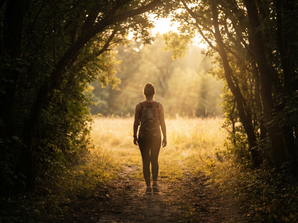 Woman walking from shadow into bright sunlight on a path, symbolizing emotional detachment, healing, and reclaiming power