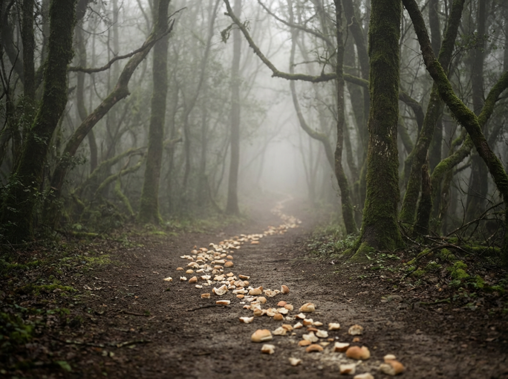 Breadcrumb trail leading into a foggy forest where the path disappears, symbolizing breadcrumbing and confusion