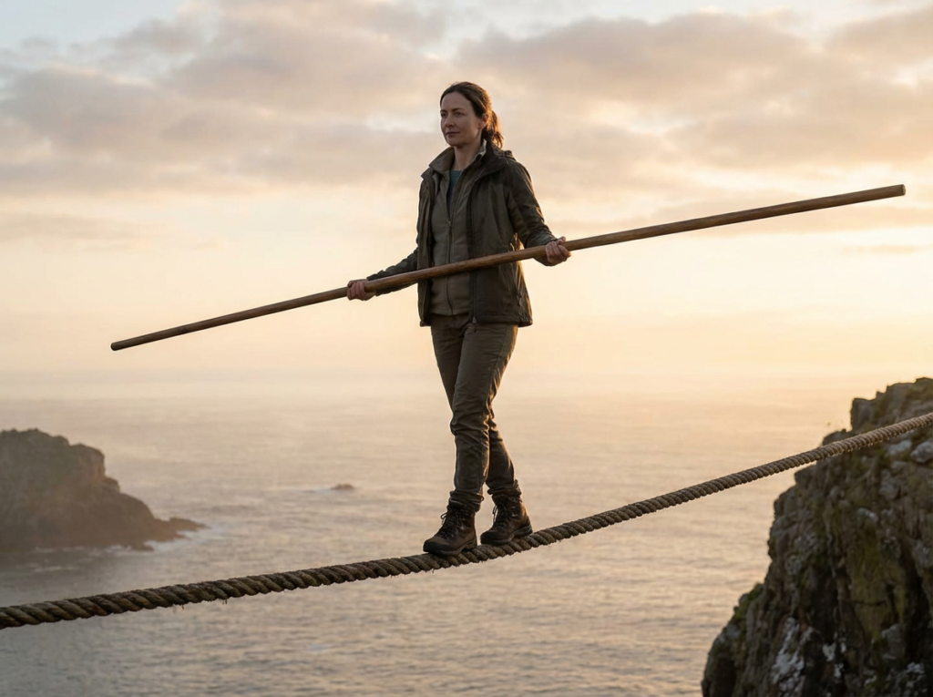 Woman balancing on a tightrope above calm water at sunrise, representing emotional instability and uncertainty.