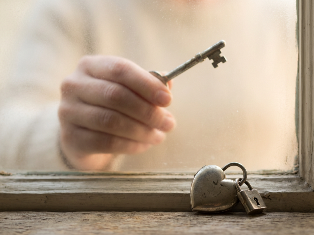 Locked locket in the foreground with a key held behind frosted glass, symbolizing love being withheld and controlled.