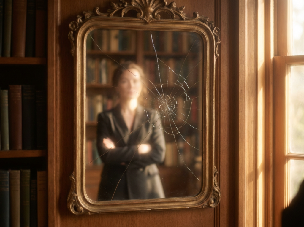 Cracked mirror reflecting a woman with a partially blurred face, representing gaslighting and distorted reality