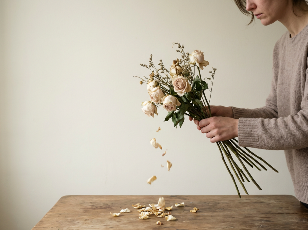 Bouquet with petals falling away like crumbs, symbolizing superficial affection without emotional investment.