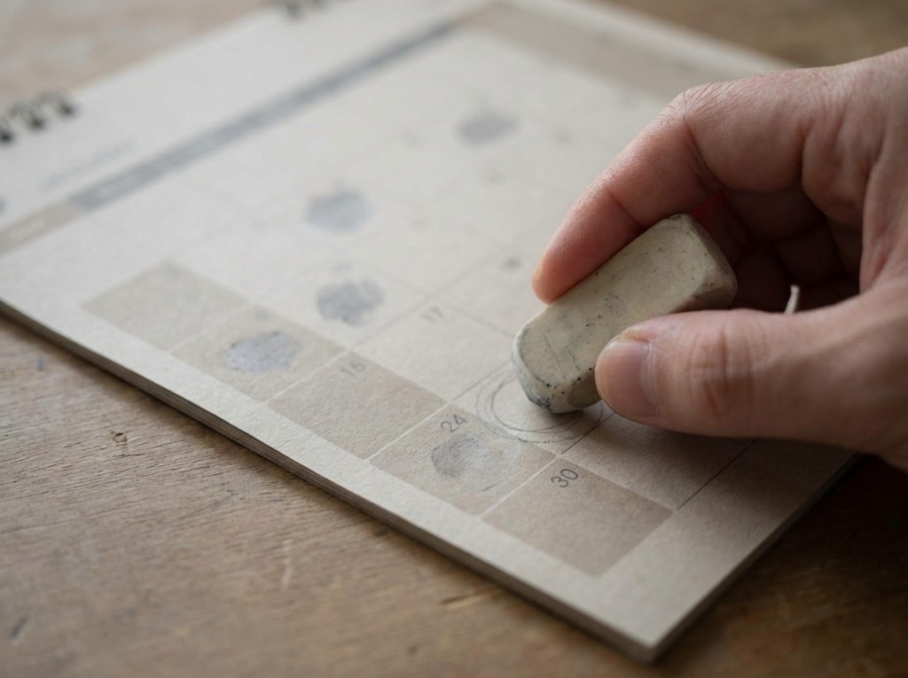 Calendar page with blurred days as a hand erases a faint circle, symbolizing vague promises and no follow-through.