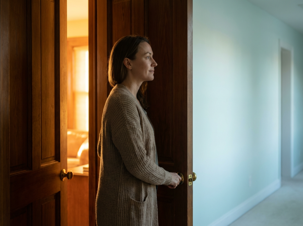 Woman gently closing a door as she steps toward brighter light, symbolizing choosing peace and ending contact.