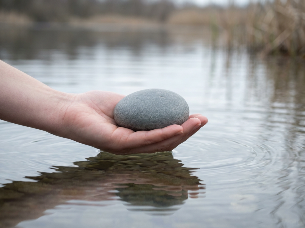 Hand holding a smooth gray stone above rippling water, symbolizing emotional neutrality and the gray rock method