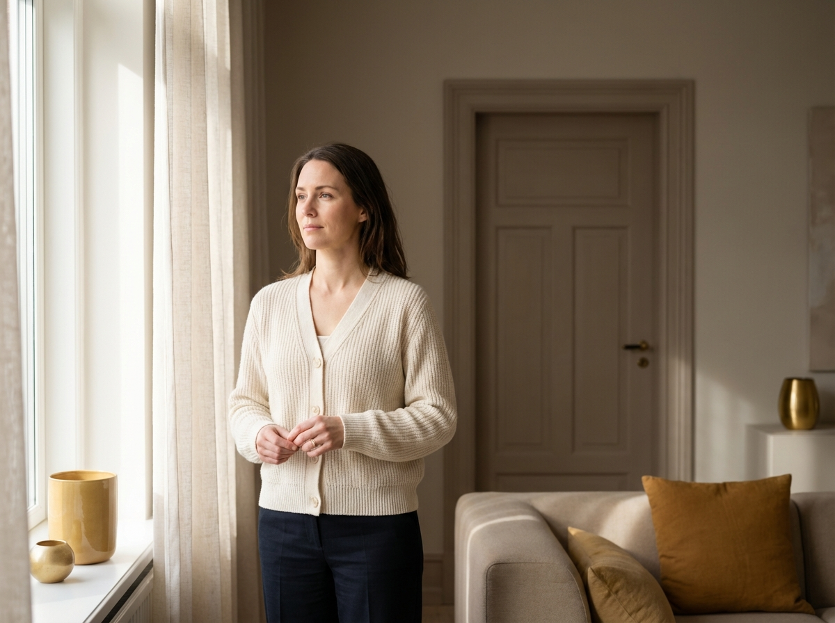 Calm woman standing in soft morning light near a window