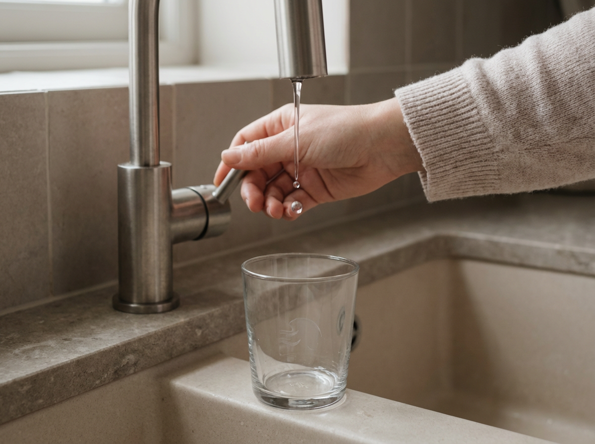 Hand turning off a faucet with the last drop falling, representing cutting off attention and emotional reactions.