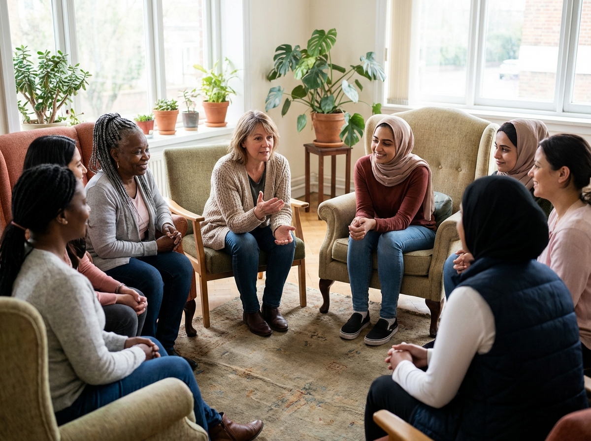 Supportive group of women in a circle, representing community, validation, and healing support.