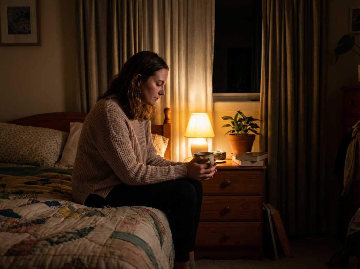 Woman holding a mug by lamplight, representing guilt, doubt, and loneliness during the healing process.