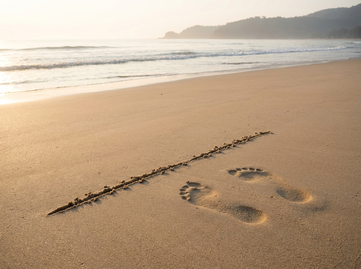 Footprints stopping at a line in the sand, representing a firm boundary and choosing no engagement.