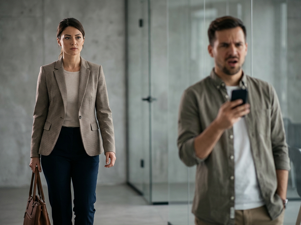 Woman walking away in focus while a blurred man looks confused at his phone, showing loss of control.