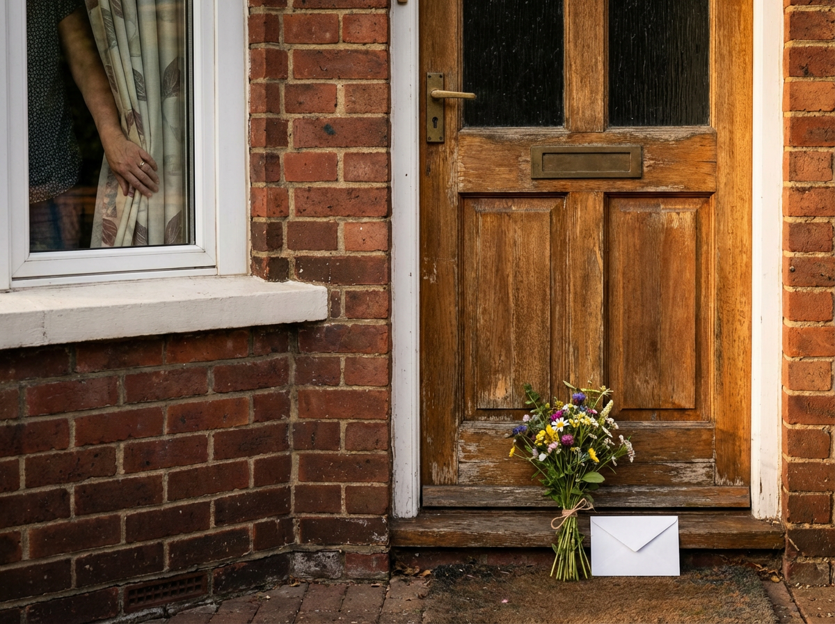 Flowers and an envelope on a doorstep while a curtain closes, representing hoovering and refusing re-entry.
